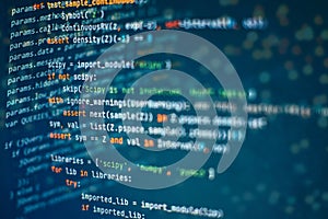Abstract computer script code. Programming code screen of software developer. Software Programming Work Time. Code text written