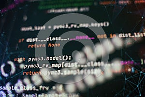 Abstract computer script code. Programming code screen of software developer. Software Programming Work Time. Code text written