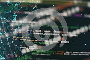 Abstract computer script code. Programming code screen of software developer. Software Programming Work Time. Code text written