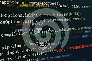 Abstract computer script code. Programming code screen of software developer. Software Programming Work Time. Code text written