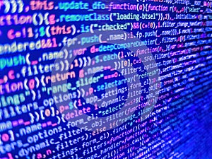 Abstract computer script  code. Screen of web developing javascript code. Web developer programmer monitor screen display. Real