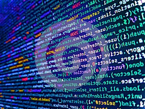 Abstract computer script source code. Computer program preview. Programming code screen of software developer. Data bits computer