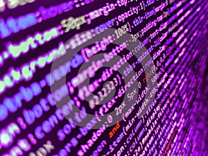 Abstract computer script source code. Modern technology background. Modern technologies, web cascading design. Programming code