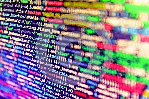 Abstract computer script source code. Screen of web developing php code on dark background. Software background technology. Mobile