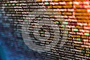Abstract computer script source code. Web abstract programming and created virus on laptop screen. Information technology website