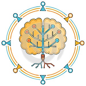 Abstract concept of artificial intelligence and cognitive computing brain tree with data connections