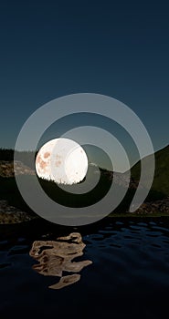 Abstract concept, big moon on the hillside.3D illustration