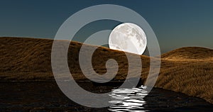 Abstract concept, big moon on the hillside.3D illustration