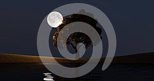 Abstract concept, big moon on the hillside.3D illustration