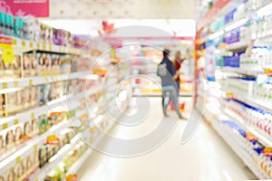 Abstract concept blurred colorful background, Customer shopping consumer good on shelves between corridor with