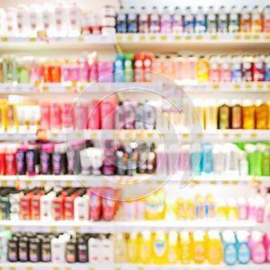 Abstract concept blurred colorful background, Shopping several consumer good on shelves in convenience supermarket and