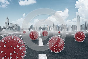 Abstract concept of corona virus in front of modern city