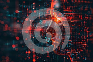 Abstract concept of a digital human face morphing into binary code, set against circuit board background, representing the