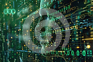 Abstract concept of a digital human face morphing into binary code, set against circuit board background, representing the