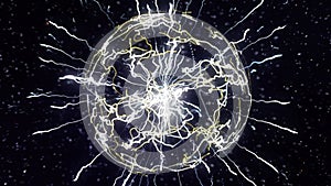 Abstract concept of electric power. Animation. Beautiful abstract lightning and bright light in energy ball with zippers