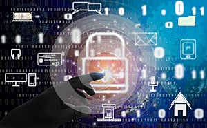 Abstract concept, fingers are touching padlock symbol, With protection of digital identity theft and privacy, Online database and