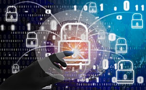 Abstract concept, fingers are touching padlock symbol, With protection of digital identity theft and privacy, Online database and