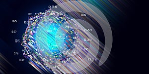 Abstract concept of layered analysis curve paths data. Noise sphere with color curves, blurred lines and lens effects. Banner for