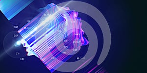 Abstract concept of layered analysis of a spherical data. Big data.  Noise sphere cut on color layers with blurred lines and lens