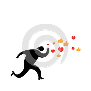 Abstract concept likemania, Running man catches on the run icons - sign like, hand gesture thumb up and hearts. Isolated figure on