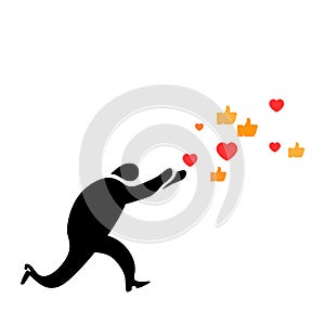 Abstract concept likemania, Running man catches on the run icons - sign like, hand gesture thumb up and hearts. Isolated figure on