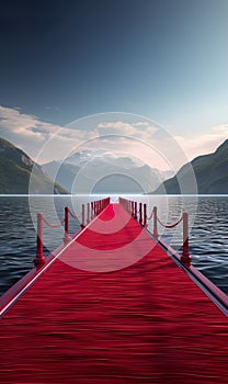 Abstract concept portrays a captivating dreamscape where a luxurious red carpet on a lake