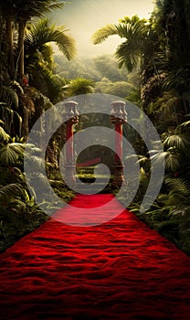 Abstract concept portrays a captivating dreamscape where a luxurious red carpet on a tropical forest floor photo