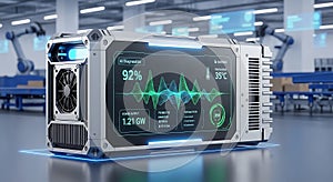 A futuristic device displaying abstract concepts and data visualizations