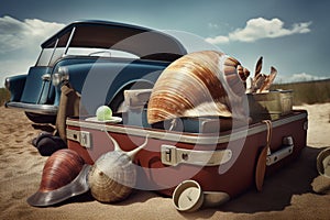 Abstract conceptual surreal collage of a summer vacation theme with a snail shell and a suitcase. Generative AI