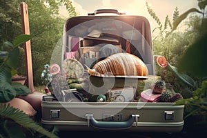 Abstract conceptual surreal collage of a summer vacation theme with a snail shell and a suitcase. Generative AI