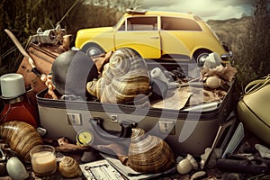 Abstract conceptual surreal collage of a summer vacation theme with a snail shell and a suitcase. Generative AI