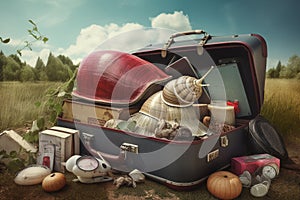 Abstract conceptual surreal collage of a summer vacation theme with a snail shell and a suitcase. Generative AI