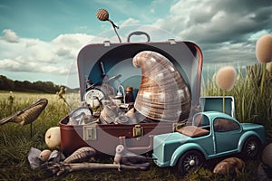 Abstract conceptual surreal collage of a summer vacation theme with a snail shell and a suitcase. Generative AI