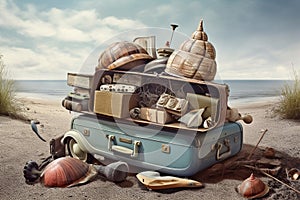 Abstract conceptual surreal collage of a summer vacation theme with a snail shell and a suitcase. Generative AI