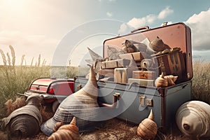 Abstract conceptual surreal collage of a summer vacation theme with a snail shell and a suitcase. Generative AI