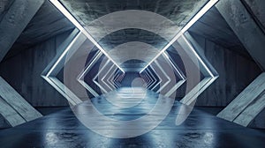 Abstract concrete hallway background, panorama of futuristic tunnel with sloped walls and led lighting, modern empty warehouse or