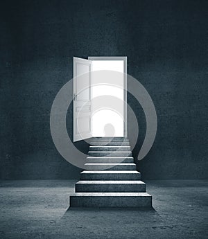 Abstract concrete interior with stairs and open door w