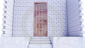Abstract concrete stairway go up to the wooden door on bricks wall,