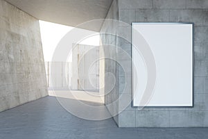 Abstract concrete tile space interior background with empty white mock up banner and sunlght. Design and abstraction concept. 3D