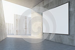 Abstract concrete tile space interior background with empty white mock up poster and sunlght. Design and abstraction concept. 3D