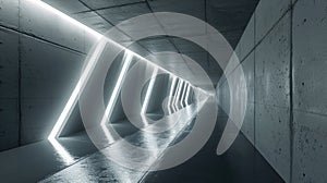 Abstract concrete tunnel background, minimalist design of underground corridor with lines of led light. Perspective view of