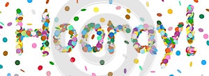 Hooray! - Written with Colorful Confetti. Vector Panorama Illustration Isolated on White Background! photo