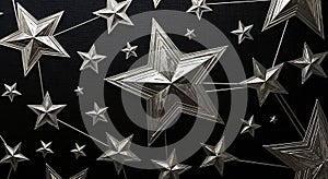 Abstract Constellation of Metallic Silver Stars on Black