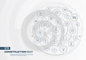 Abstract construction technology background. Digital connect system with integrated circles, thin line icons.