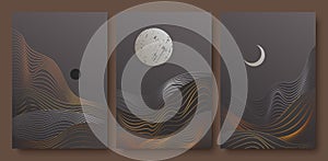 Abstract contemporary aesthetic night landscape with moon set, trendy art wall decoration