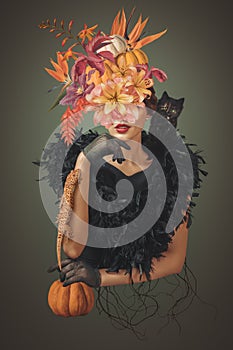Abstract halloween art collage of young woman with flowers photo
