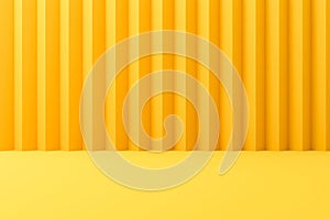 Abstract contemporary backdrops or yellow display on vivid summer background with stripe pattern wall. 3D rendering