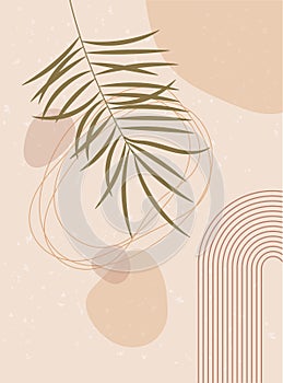 Abstract contemporary background with palm leaf, Long Rainbow. Earth tones, terracotta colors