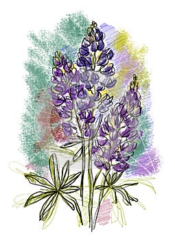 Abstract contemporary blue three lupine flower branch with leaves in a oil pencils style on a green and blue background