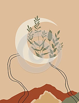 Abstract contemporary landscape poster, mountains poster with moon and plant, Boho print, Mustard color art